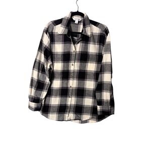 Old Navy Womens Flannel Shirt Large Black White Buffalo Plaid Boyfriend Grunge